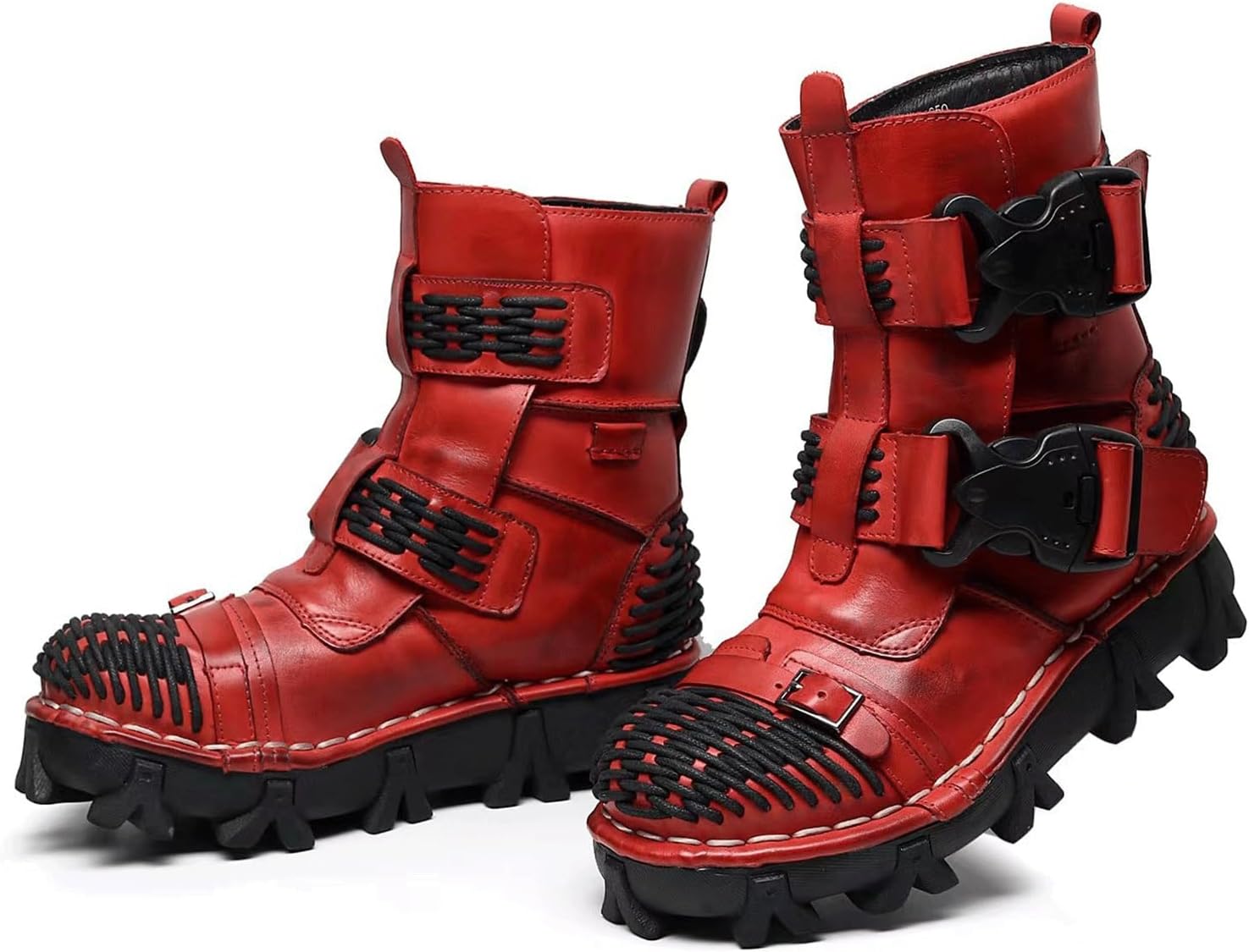 

Модные мужские кожаные байкерские ботинки, зимние панк-ботинки до щиколотки, сапоги средней высоты с пряжкой Raspio, красный