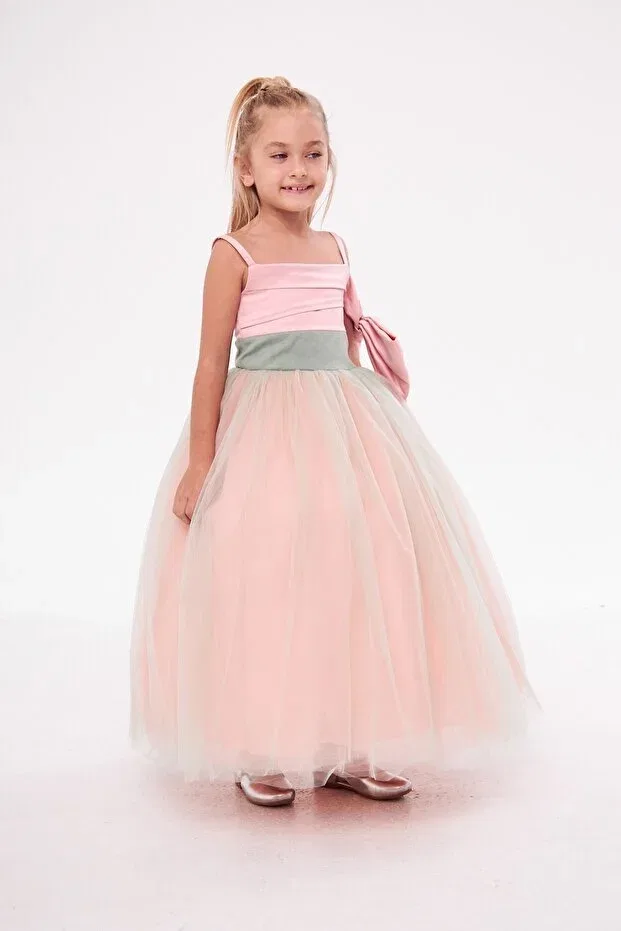 Детское вечернее платье для девочек без рукавов Green Pink Sleeve Bow Zühre Balaban, Green Pink — фото 4