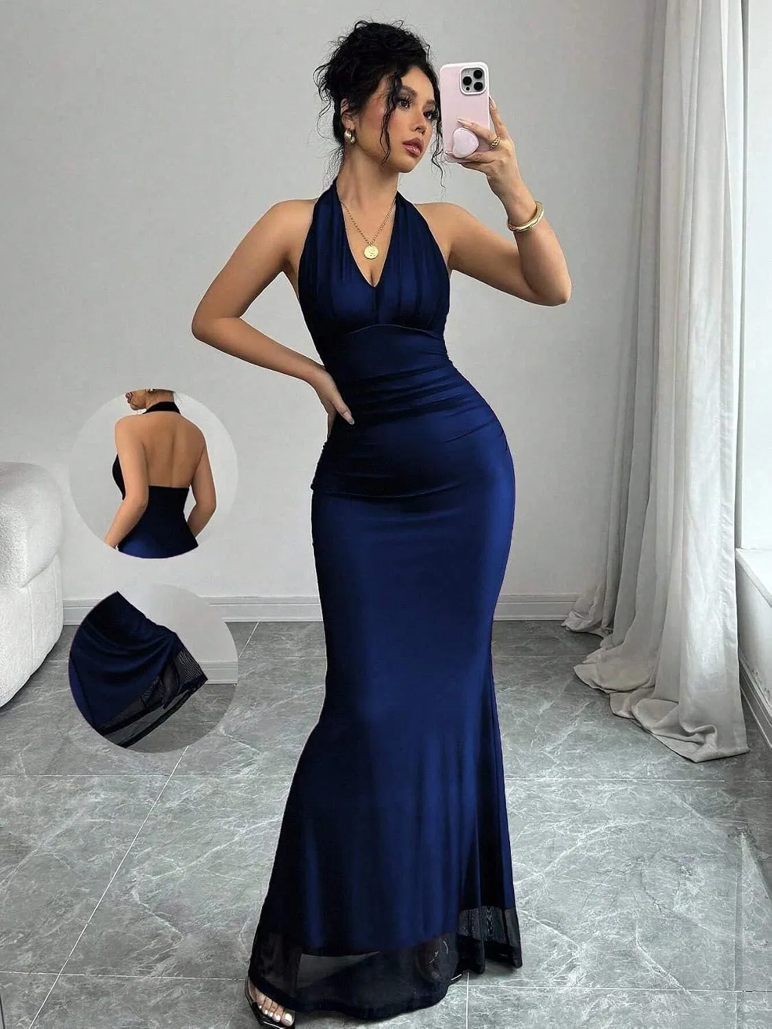 Женское облегающее платье с V-образным вырезом и плиссе на талии, Royal Blue — фото 2