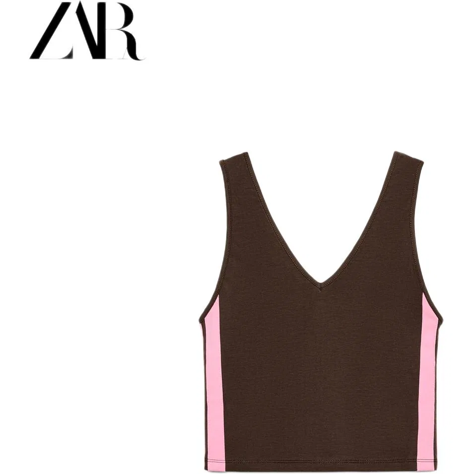 Женский топ-майка без рукавов с V-образным вырезом Dark Brown ZARA, Dark Brown — фото 3