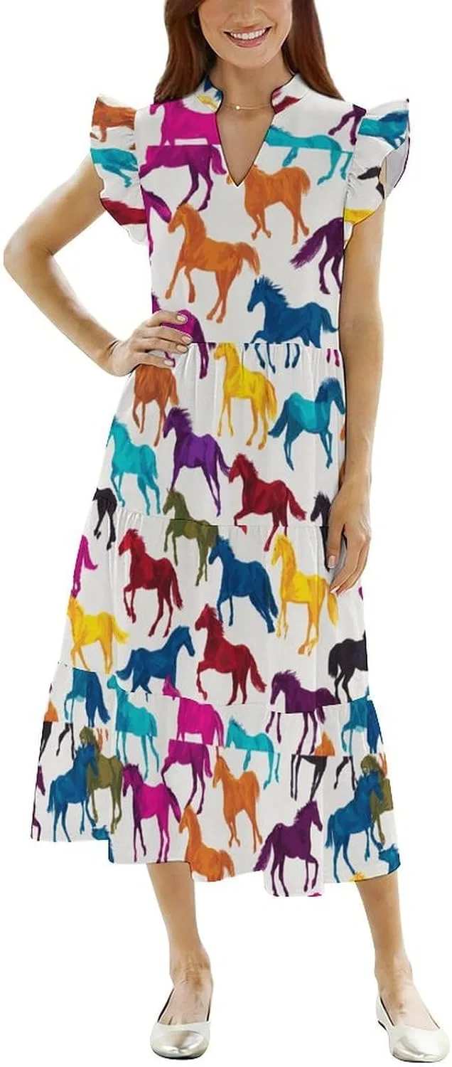 Женское свободное макси-платье с рюшами V-neck Dress, Style-5