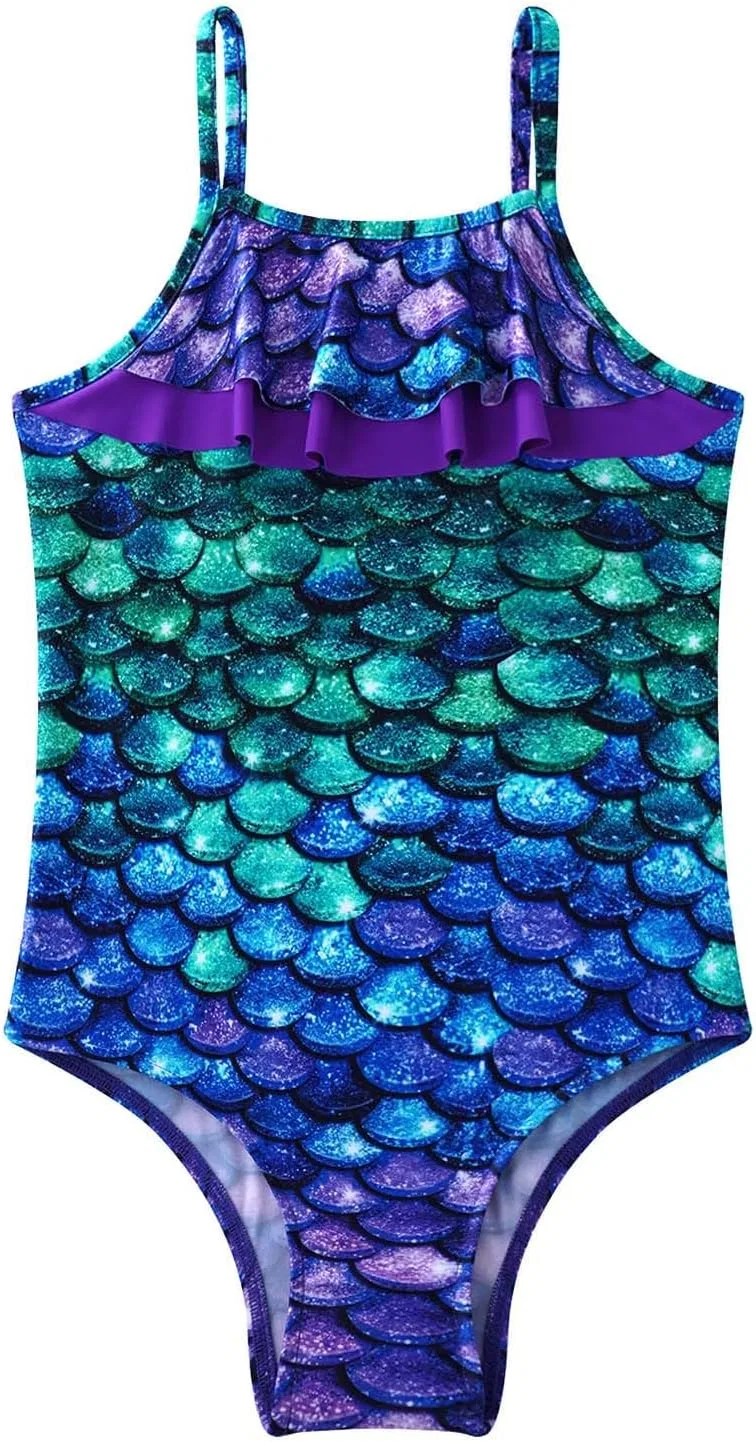 Yruioon Купальник-футболка Little Big Girls "Чешуя русалки", Purple&Green Fish Scales — фото 3
