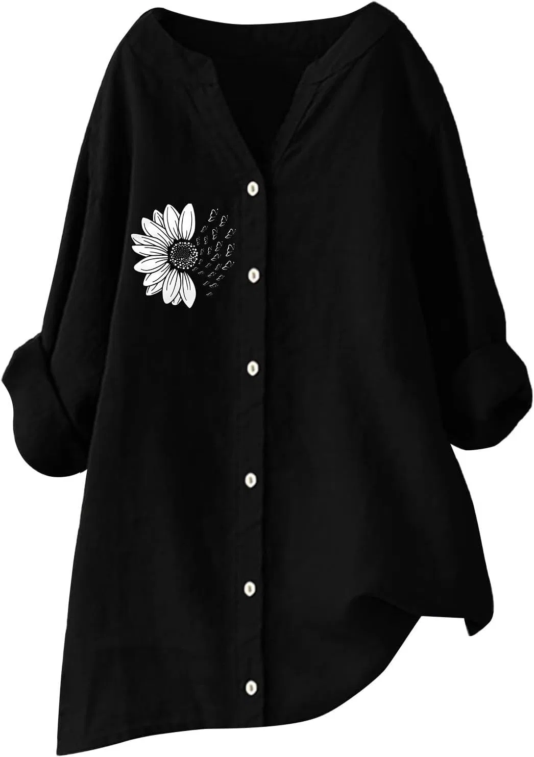 Блуза с цветочным принтом, Women Cotton Linen Top Long Sleeve Printed Shirt, черный