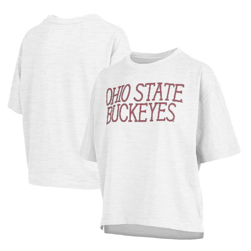 

Женская футболка Pressbox белого цвета с надписью «Ohio State Buckeyes» Motley Crew Chain Stitch Slub, длина по талии, свободная футболка свободного кроя, цвет Osu White