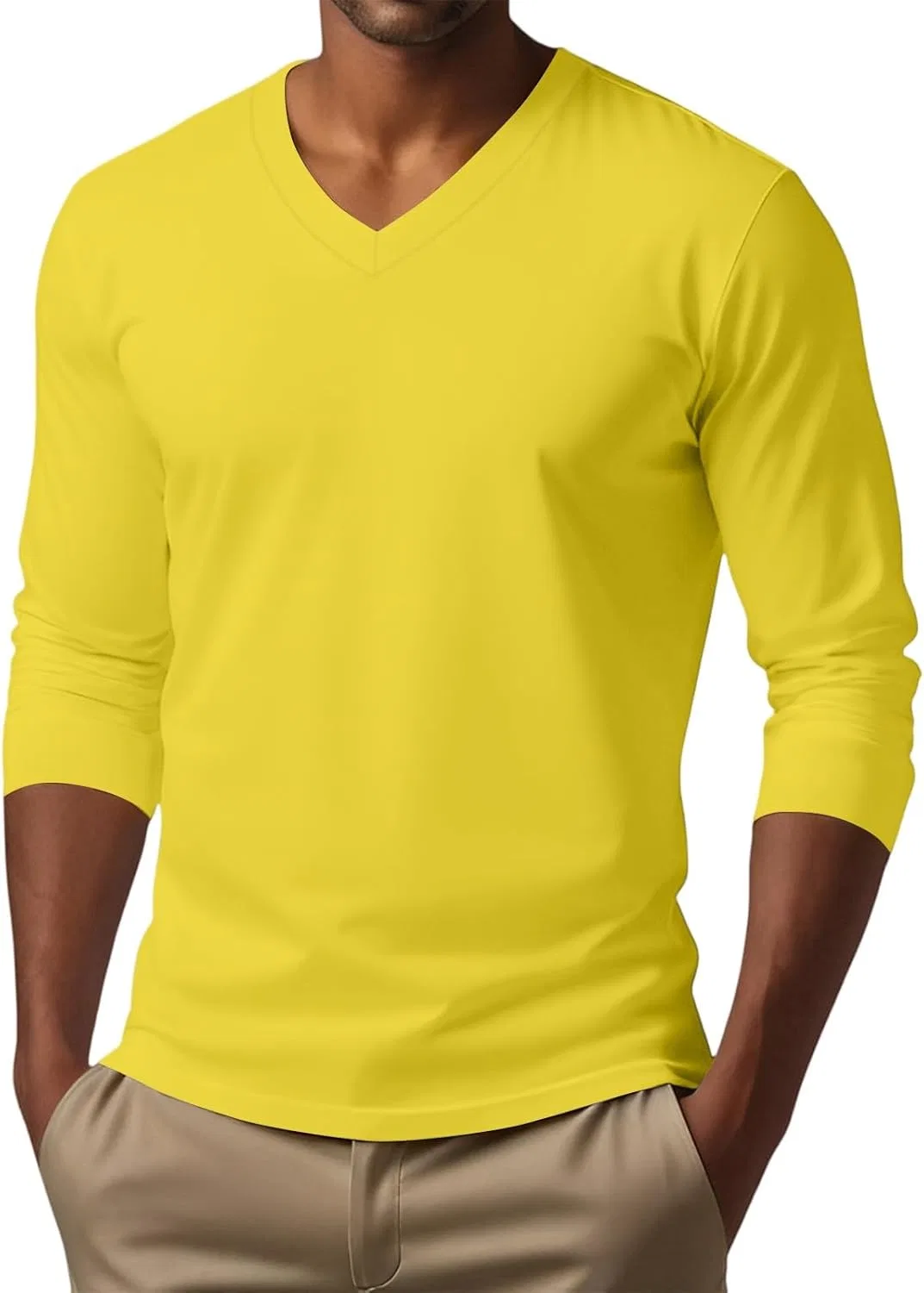 Мужская футболка с длинным рукавом V-образным вырезом, 1-yellow — фото 2