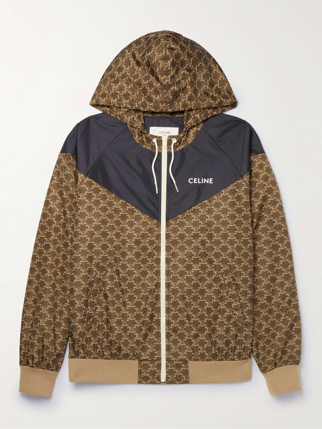 

Спортивная куртка с капюшоном из атласа и ракушек Triomphe с логотипом Celine Homme, коричневый