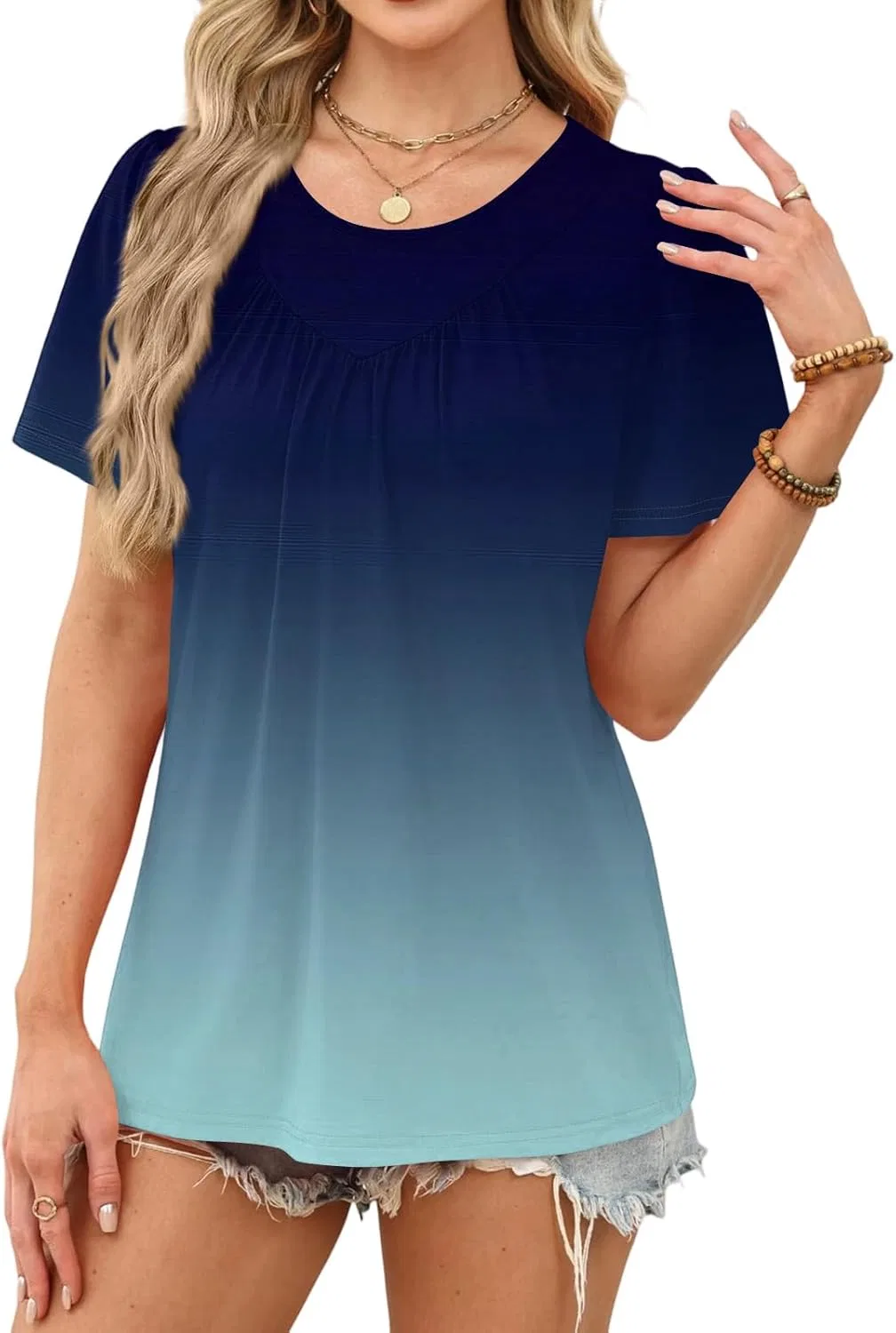 Женская футболка с плиссированным воротником Oversize, Blue — фото 3