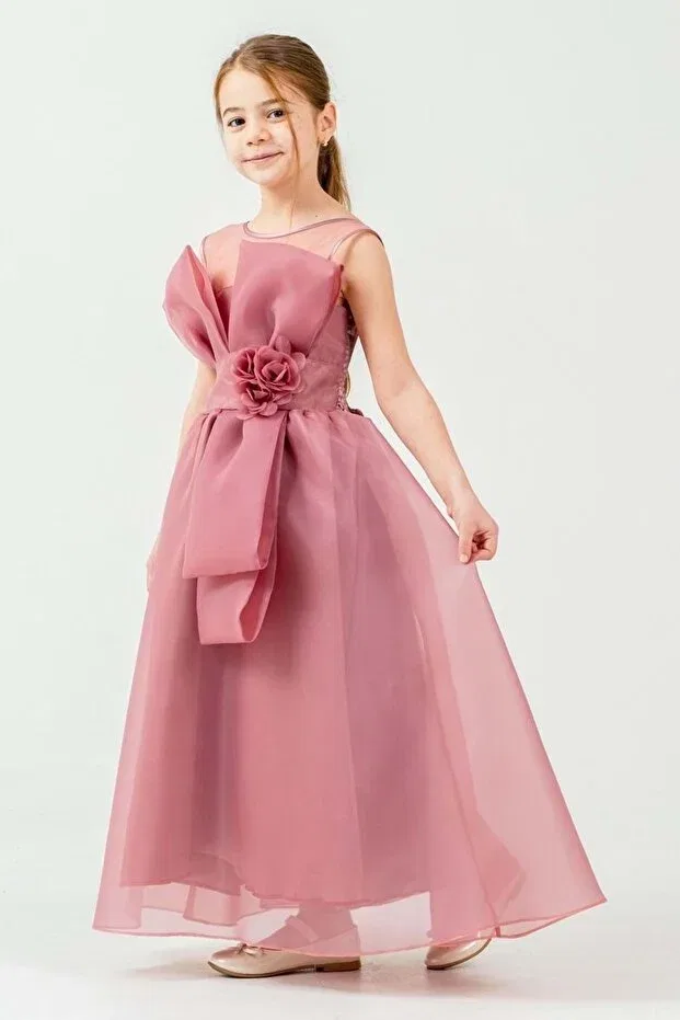 Детское платье для девочек с принтом flower and bow detailed Mnk Baby&Kids, Dried Rose — фото 3