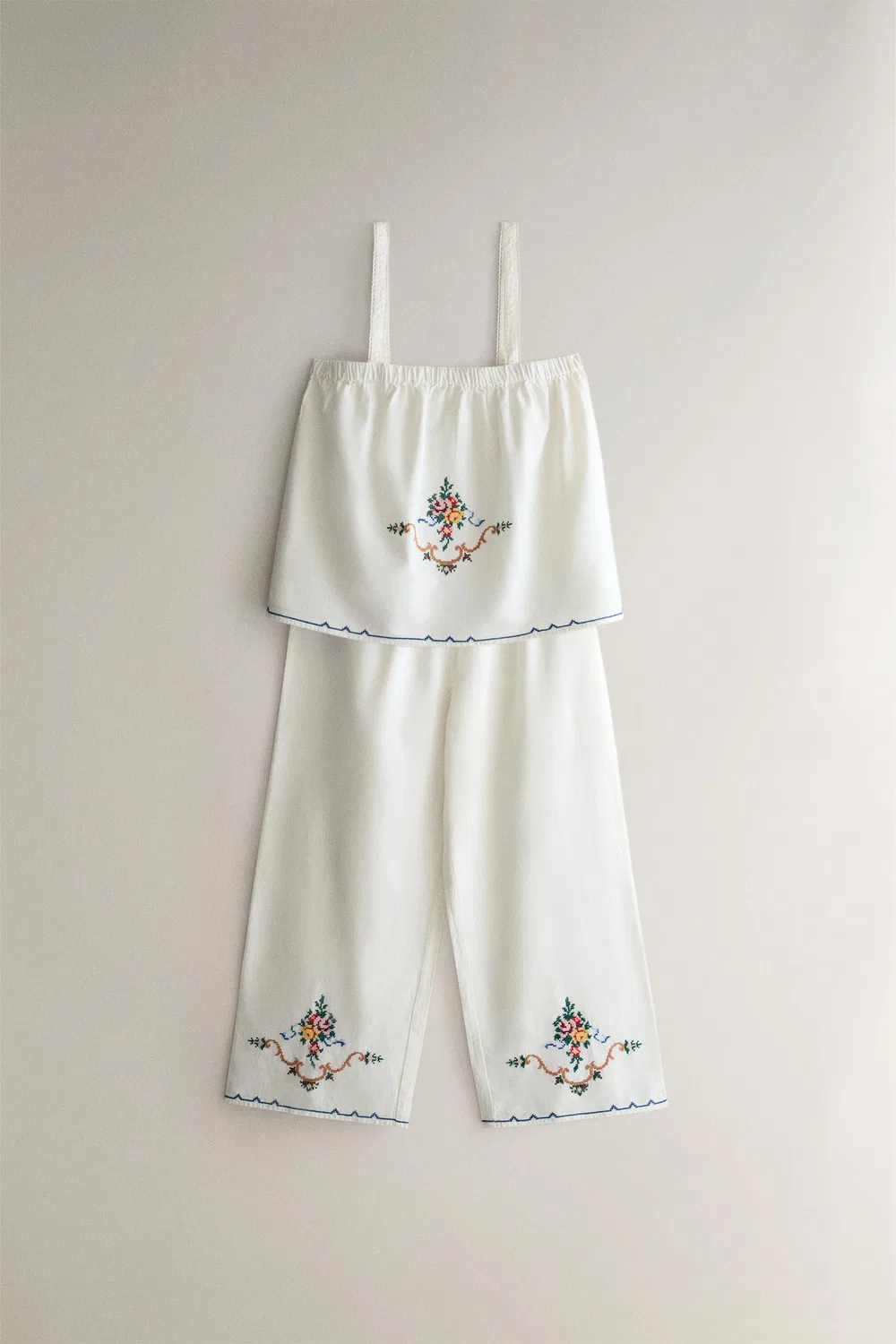 Брюки из смеси льна и хлопка с вышивкой ZARA, White — фото 4