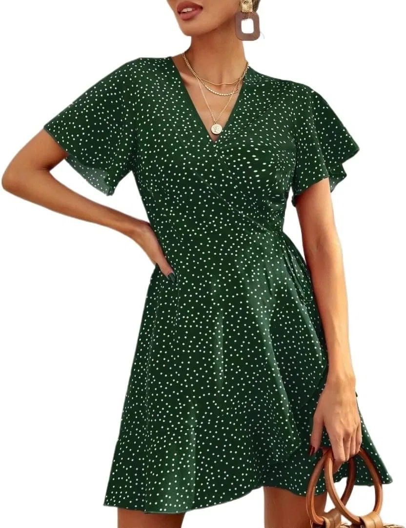 Женское повседневное платье A-силуэта с воротником V, Dark Green