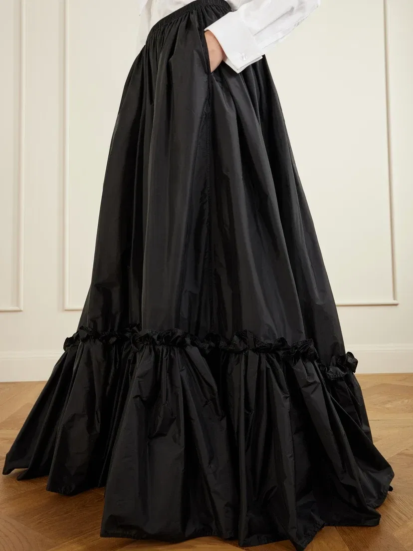 Многоярусная юбка из атласа с оборками SAINT LAURENT, черный — фото 4