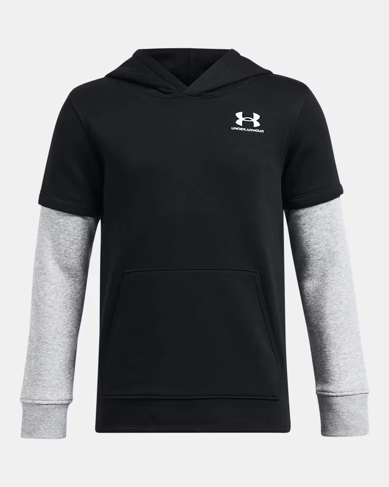 Худи для мальчиков на флисе с начесом и карманом-кенгуру UA Icon Fleece UnderArmour, Black/Mod Gray Light Heather/White