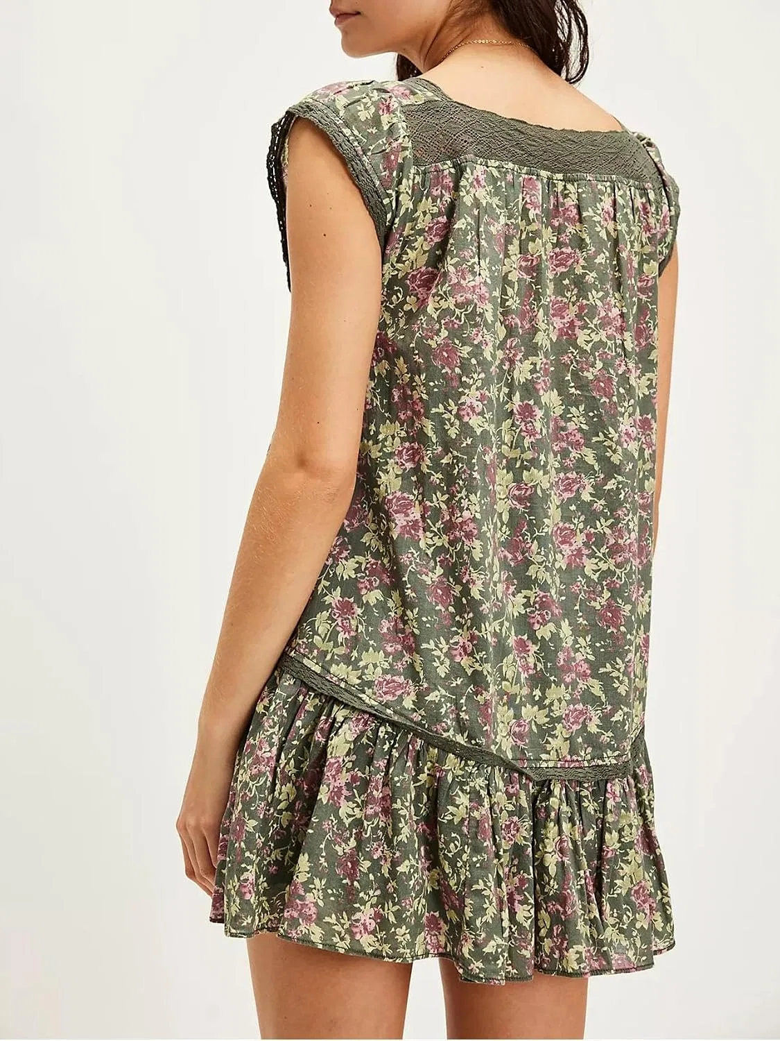 Женское платье-трапеция с цветочным принтом, Y2k Floral Ruffle Mini Dress, зелёный — фото 3