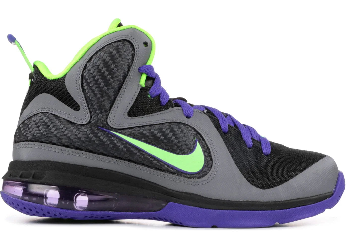 Детские кроссовки для мальчиков баскетбольные Nike LeBron 9, Black/Electric Green-Cool Grey-Court Purple