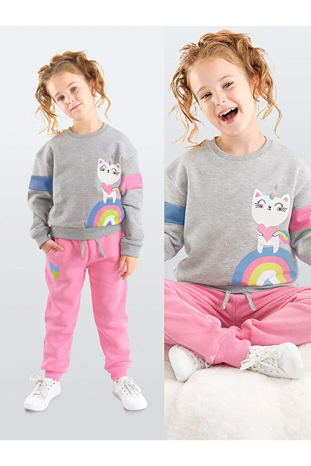 Детский комплект спортивного костюма для девочек с принтом Rainbow cat Denokids, Gray