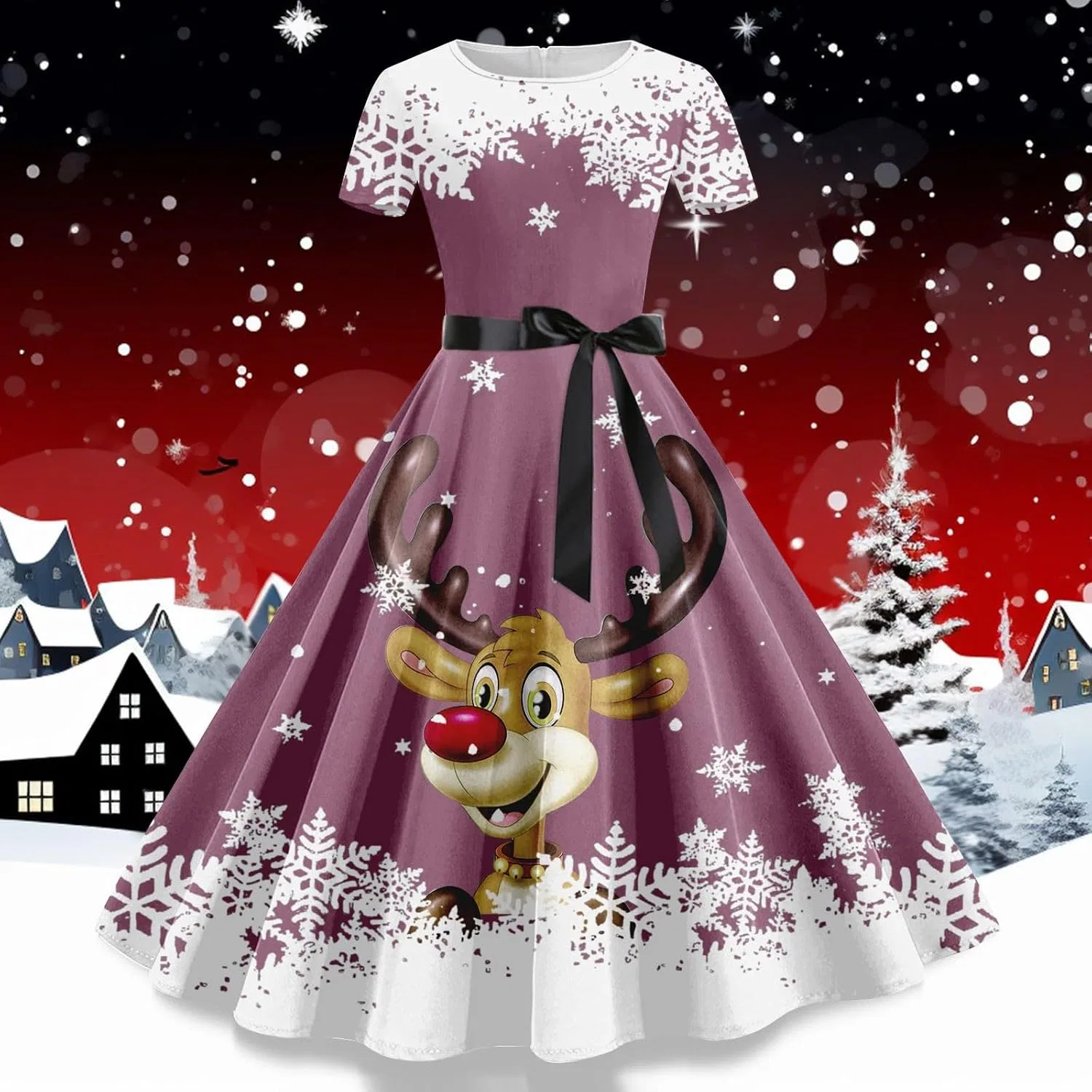 Женское платье с рождественским принтом ретро Reindeer, Light Purple — фото 2