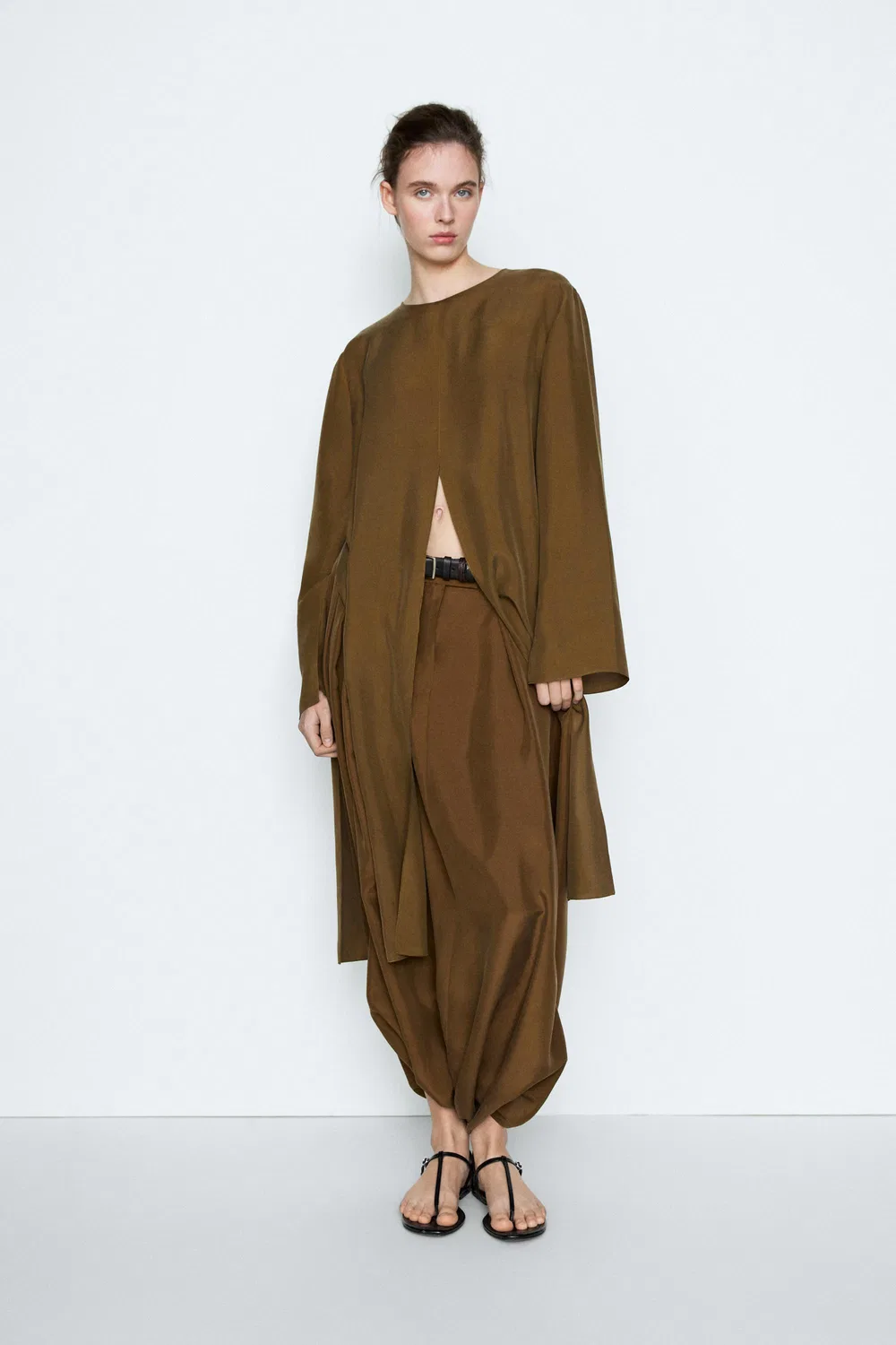 Юбка миди из 100% шелка со сборками - studio Massimo Dutti, Caramel