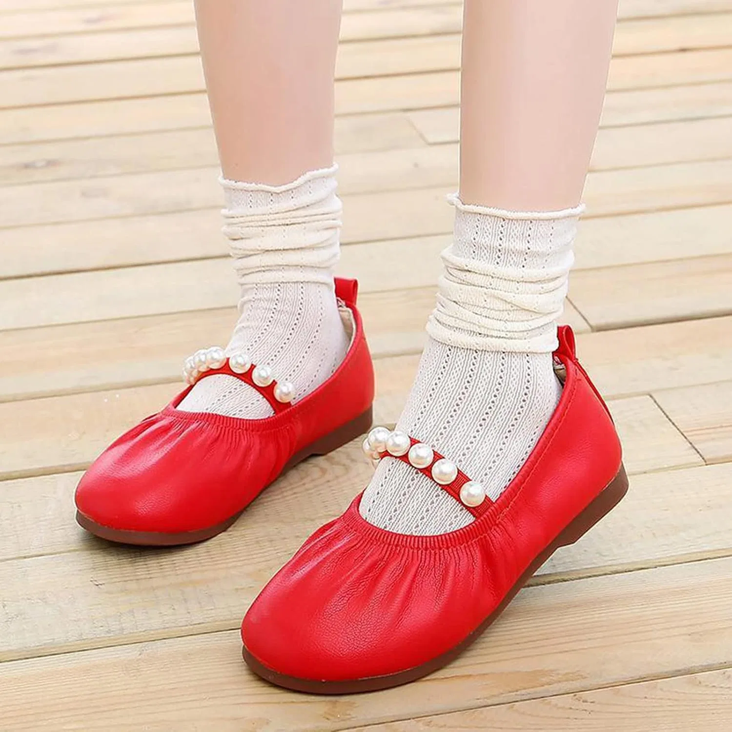 Детские балетки для девочек с жемчугом Valentine Slippers, Red — фото 2