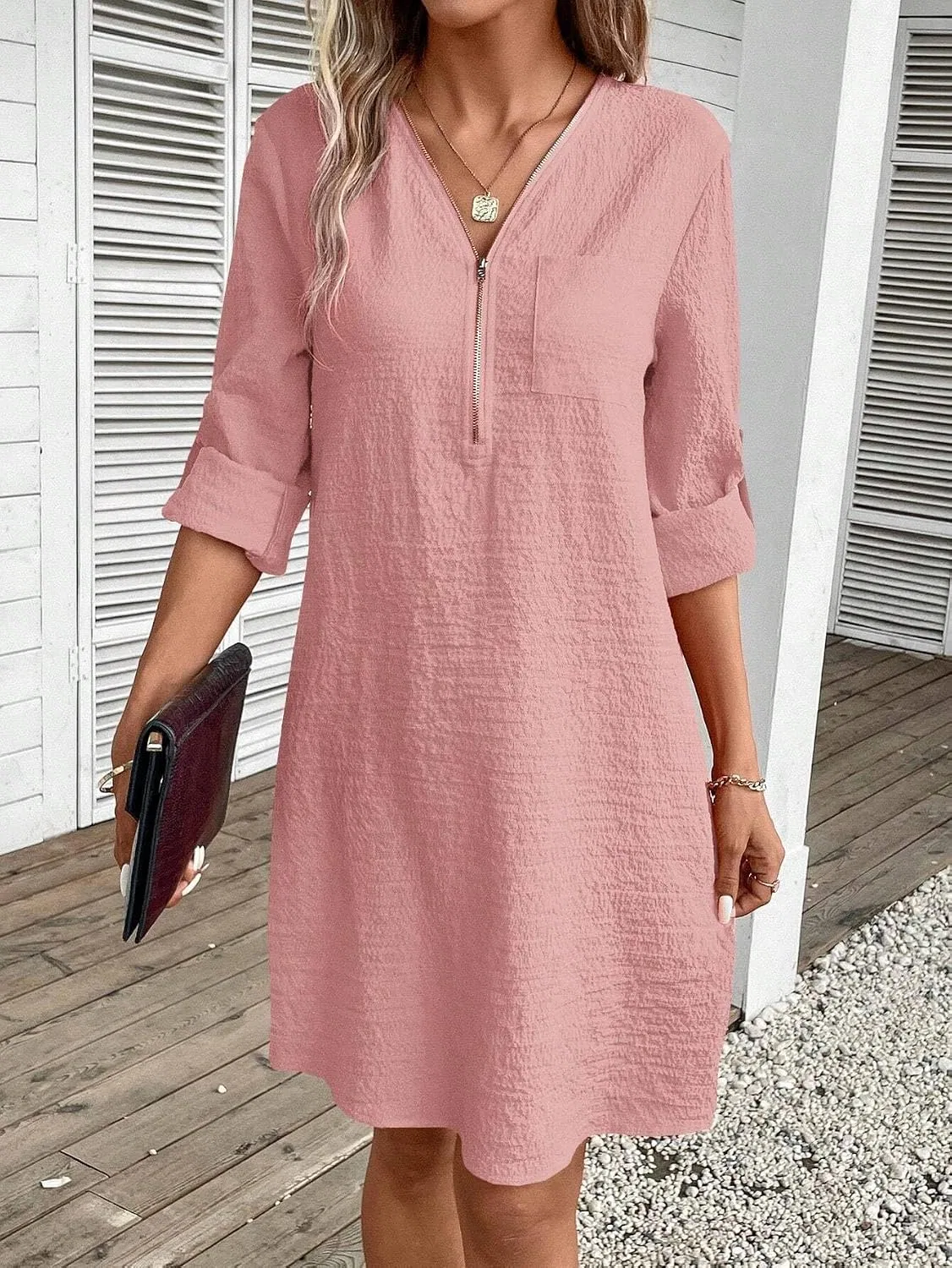 Женское короткое платье-туника с V-образным вырезом Generic, Dusty Pink — фото 3