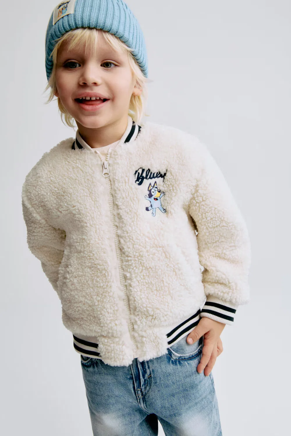 Бейсбольная куртка из плюшевого флиса H&M, Cremefarben/Bluey