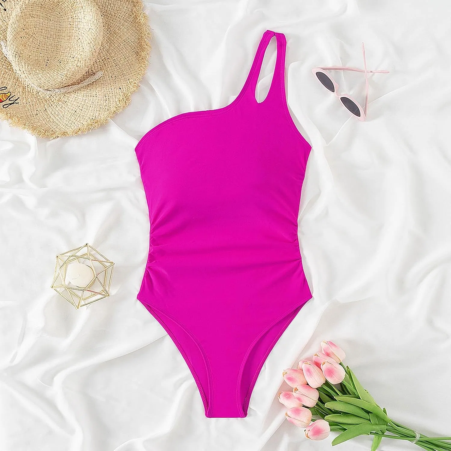 Женский цельный купальник с одним плечом и утяжкой живота, Hot Pink — фото 3