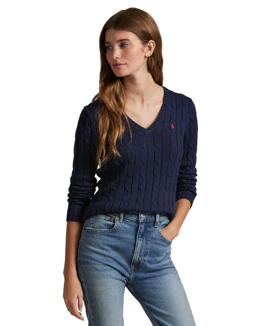 Свитер женский с V-образным вырезом из хлопка с косами, Slim Fit Polo Ralph Lauren, Hunter Navy