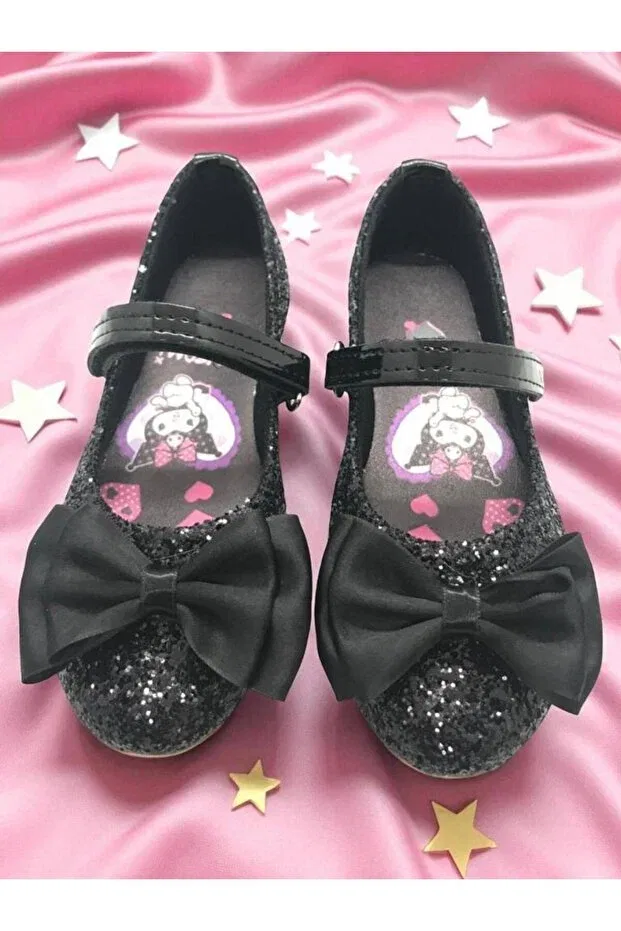 Детские балетки для девочек с бантом Kuromili Shiny Black Sequin Bow Ballerina Shoes Markaboni, Black — фото 4