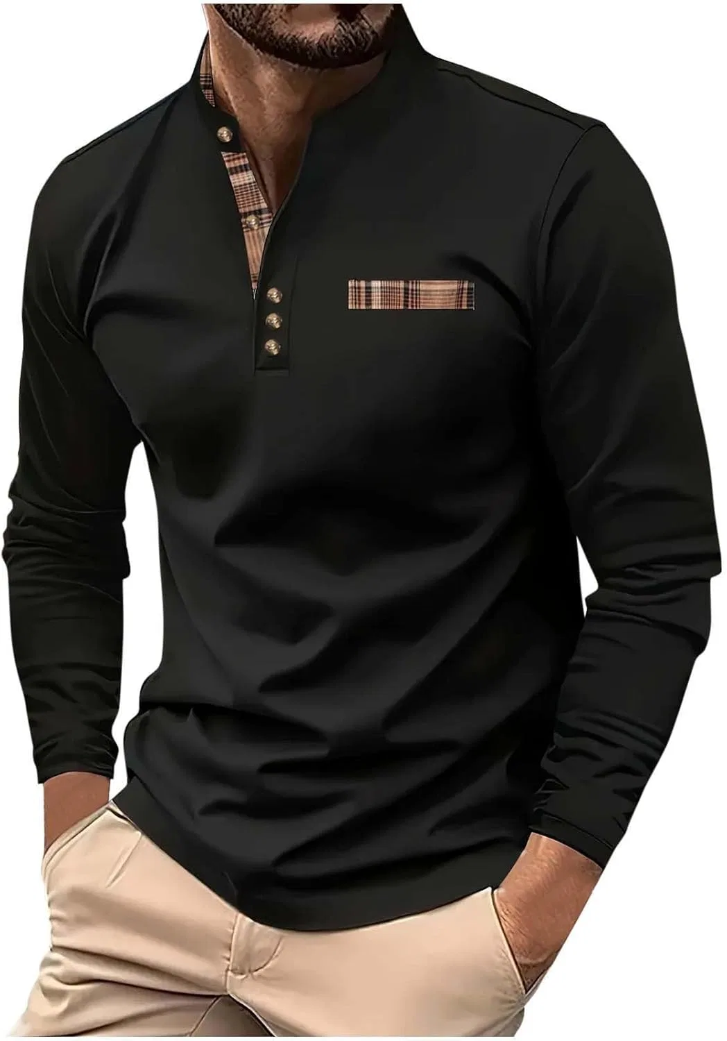 Мужская рубашка-поло с воротником-стойкой Henley, Black