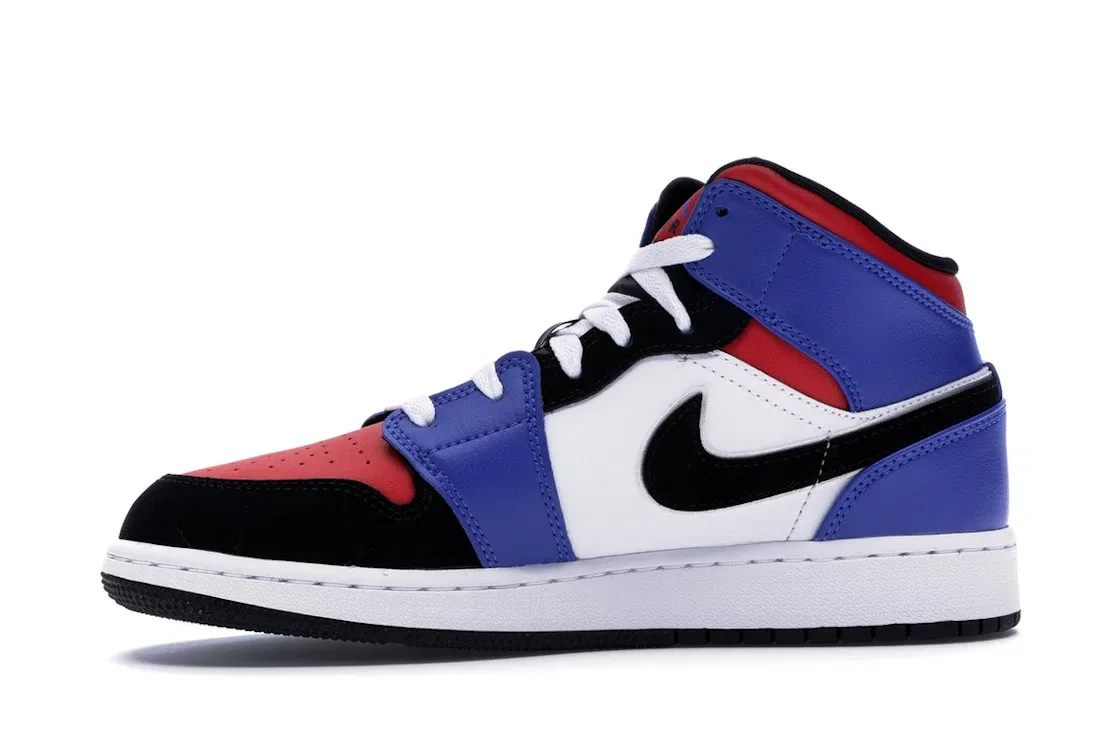 Детские кроссовки с многоцветным верхом Jordan 1 Mid, White/Black-Hyper Royal-University Red-Metallic Silver — фото 3