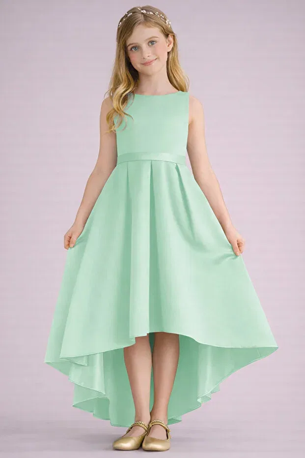 Детское платье для девочек без рукавов Mint Green Asymmetrical Skirt Detailed Simple Stylish Satin Ball Gown Birthday Prom Graduation Dress Nsmkidslife, Mint Green