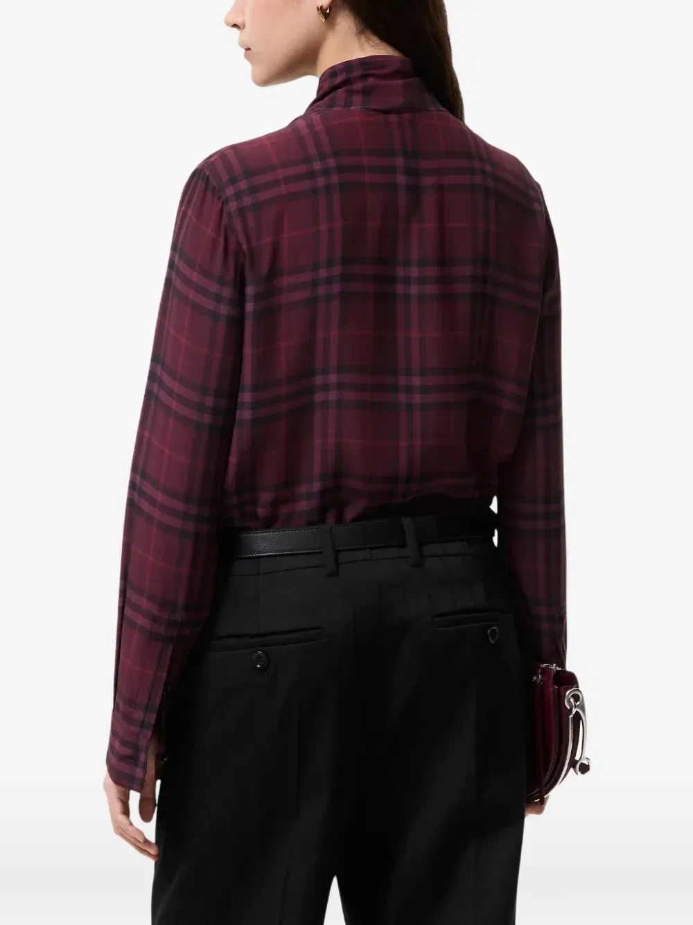 Шелковая блузка с шарфом в клетку BURBERRY, фиолетовый — фото 3