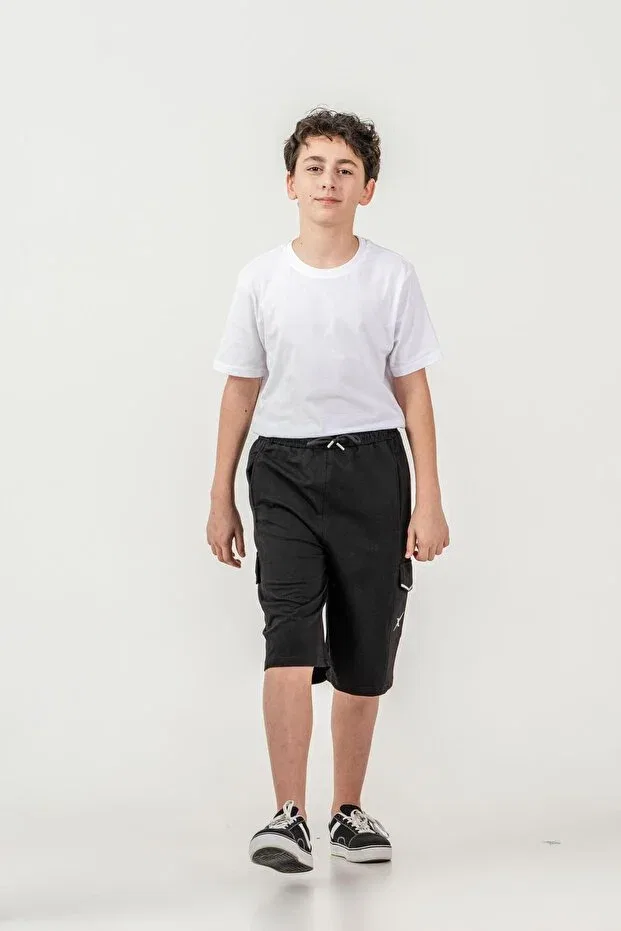 Детские шорты для мальчиков с принтом Double Cargo Pockets Pocket Covers Reflective Mışıl Kids, Черный