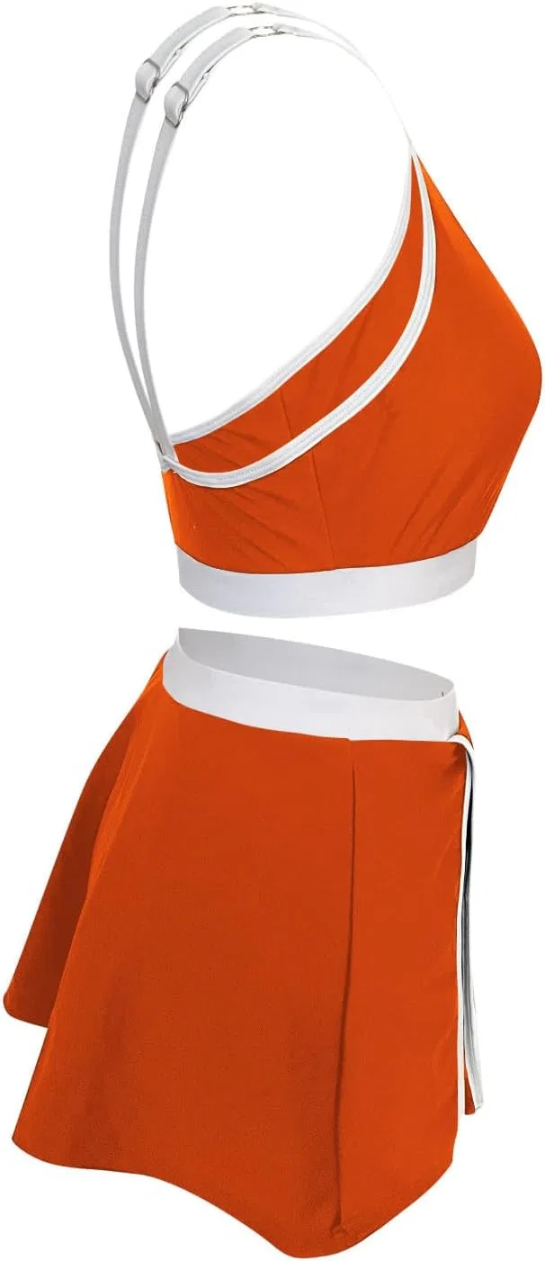 Женский спортивный бикини-комплект с высокой талией и юбкой, Orange — фото 3