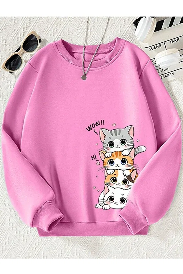 Детские свитшот для девочек с принтом Four cats on top of each other Kids, Pink