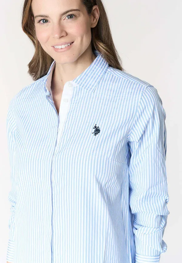 Платье-рубашка из полосатой ткани, модель A maniche lunghe in a righe - shirt dress, U.S. Polo Assn., бирюзовый — фото 4