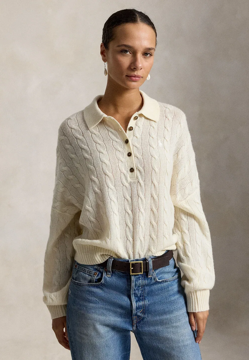Свитер-Поло из шерсти и кашемира с косами Polo Ralph Lauren, Authentic Cream