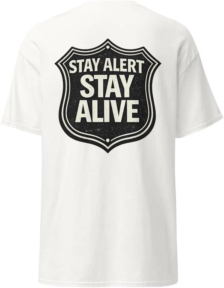 Мужская футболка с принтом Stay Alert Stay Alive, белый