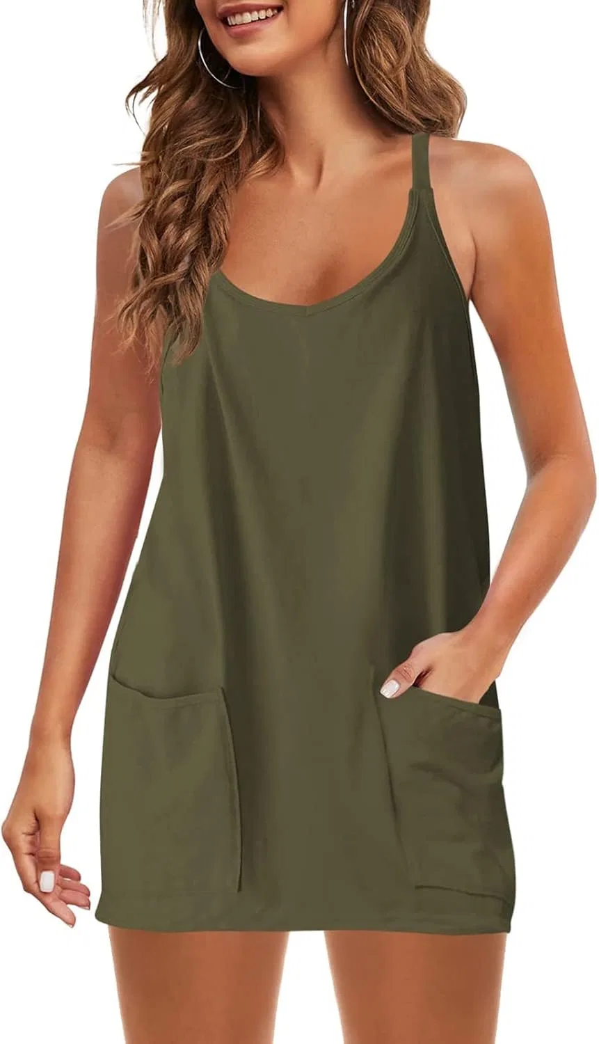 Женское теннисное платье с шортами на бретелях, Army Green — фото 4