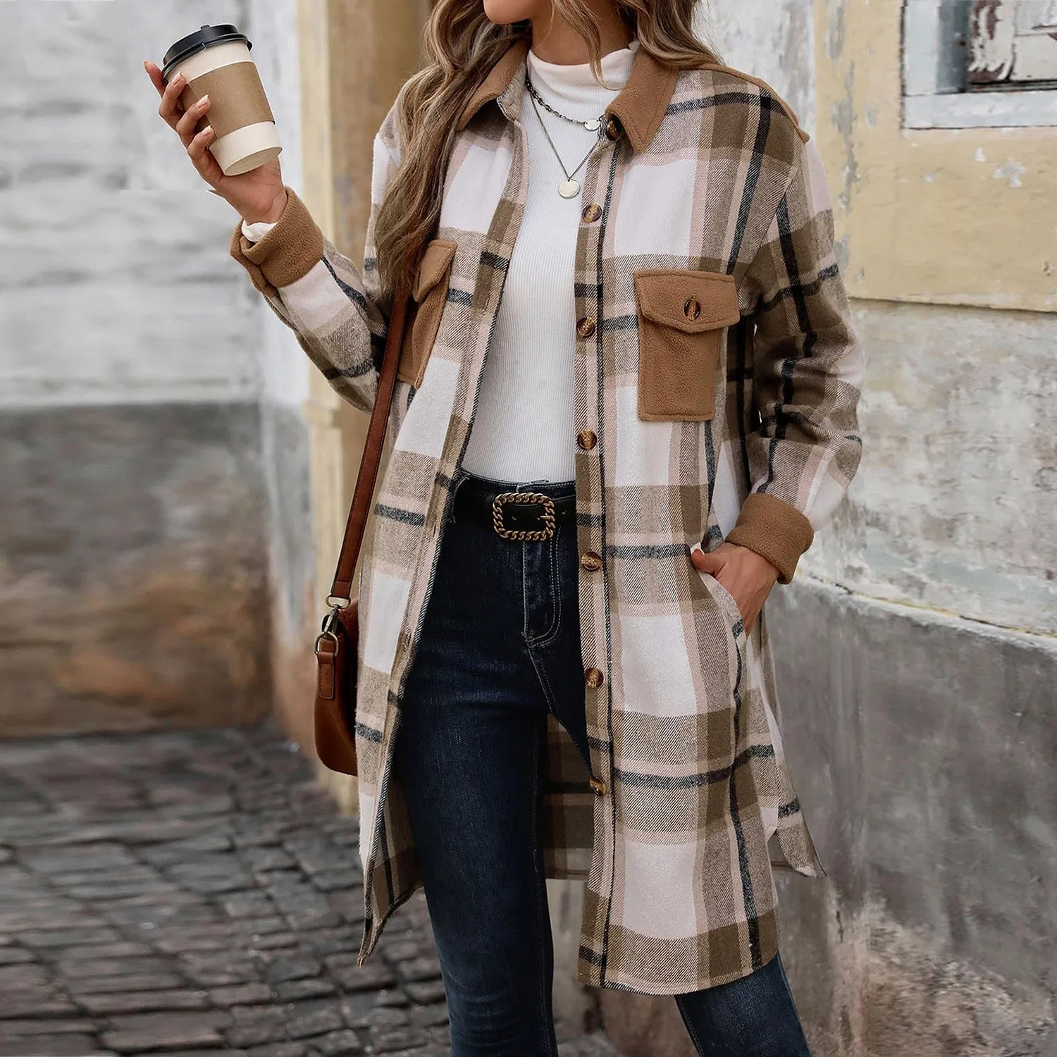 Женский жилет с принтом в клетку Autumn 2024 Plaid Lightweight Lined Long Fashion Casual Elegant Jacket with Pockets Coat Elegant, Caff file — фото 4