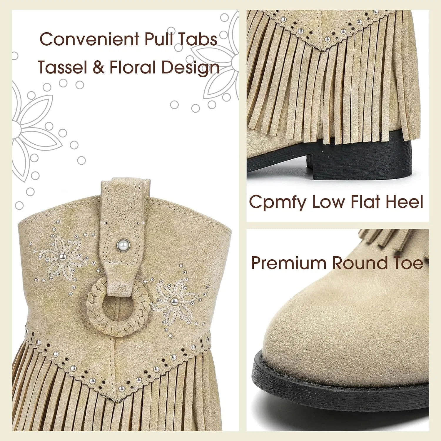 Детские сапоги для девочек с принтом Choiran Fringe Cowgirl Boots, Beige — фото 4