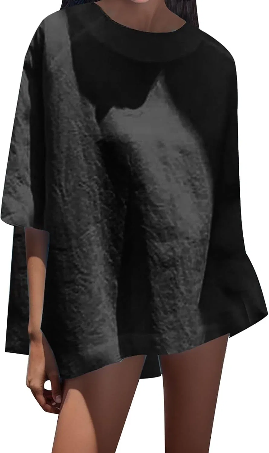 Женская свободная льняная блуза с 3/4 рукавом, Black