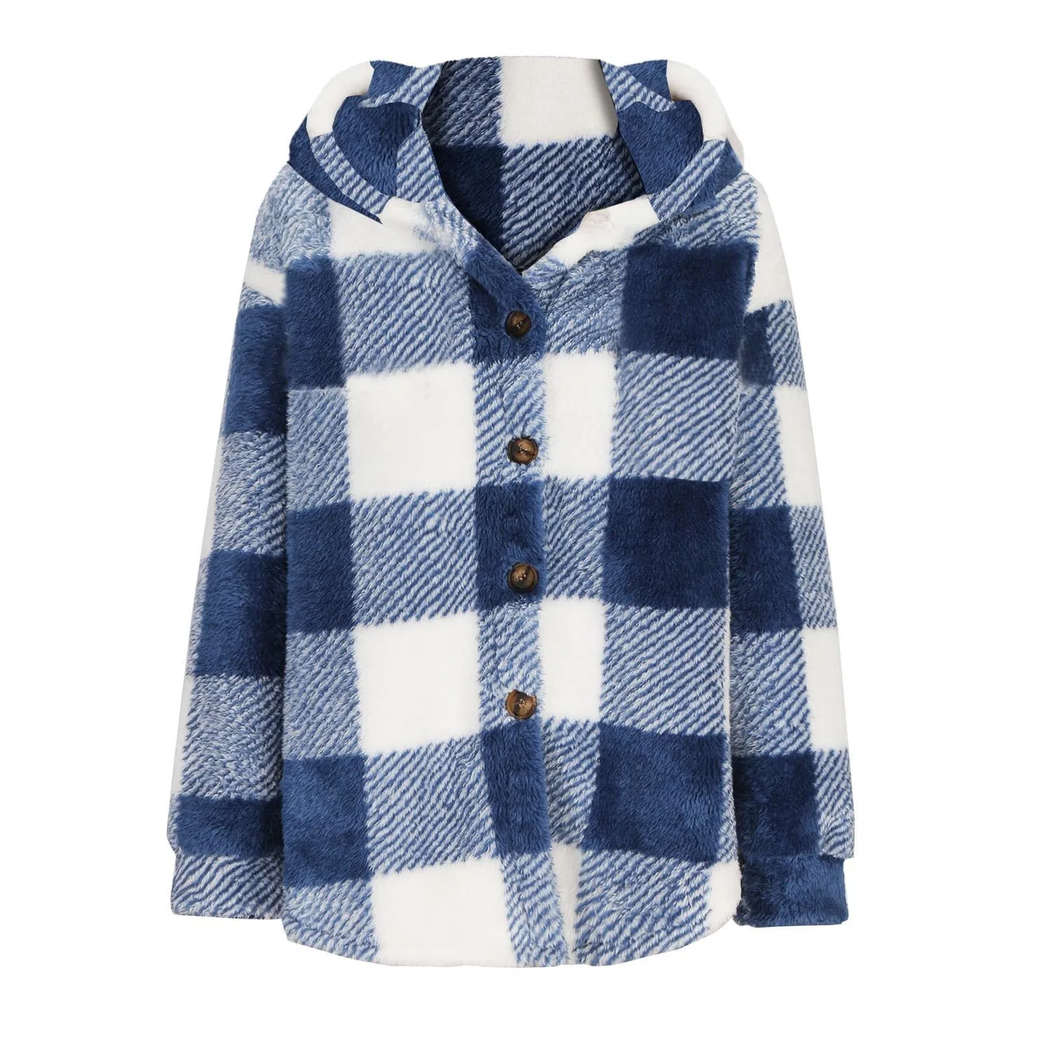 Женское утепленное пальто с капюшоном Plaid Hooded Long Sleeve, blue — фото 4