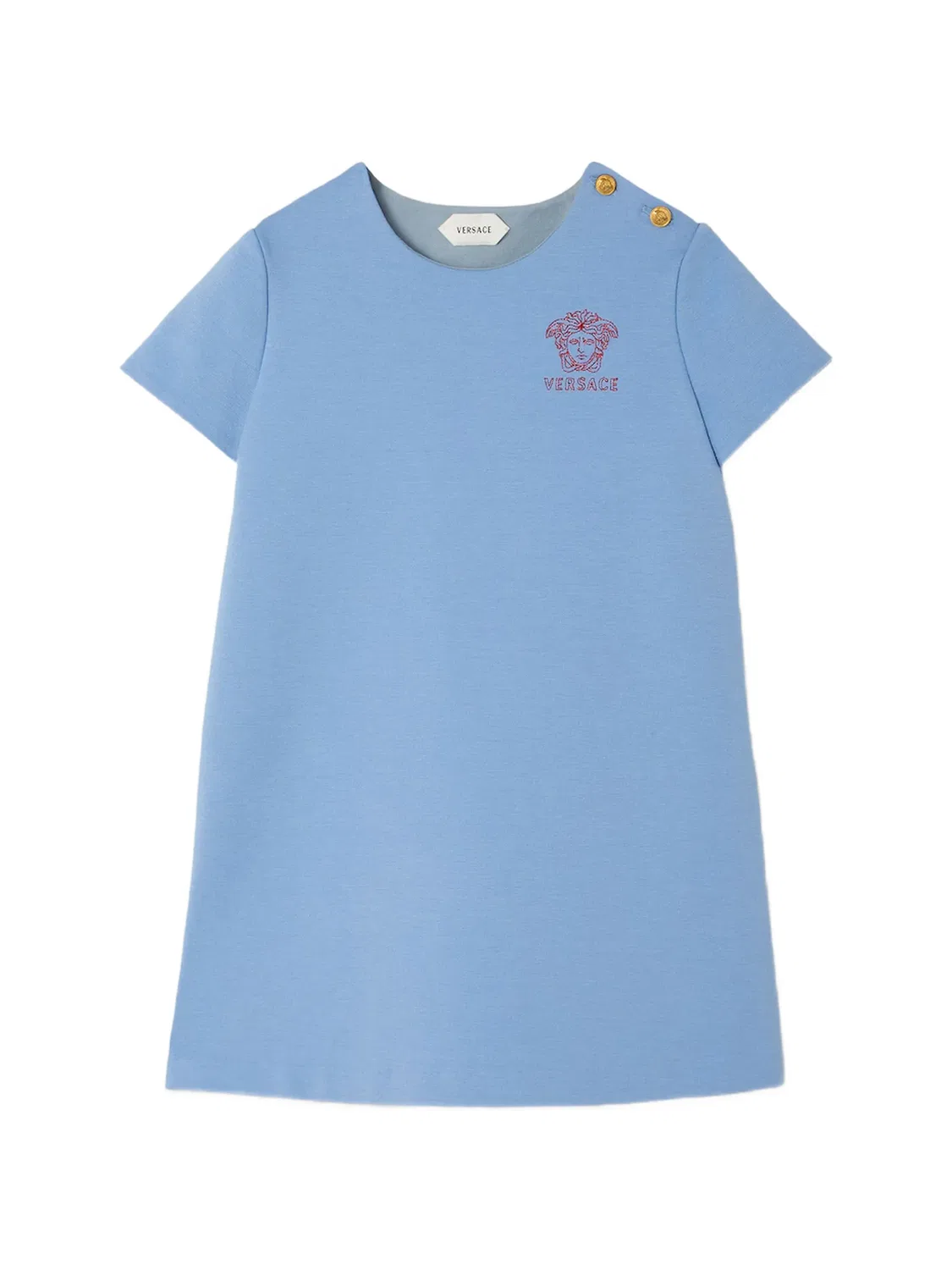 Платье с пуговицами на плече и вышивкой Medusa Versace Kids, синий