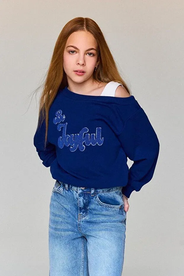 Детские свитшот для девочек с лозунгом Defacto, Navy Blue Nv42