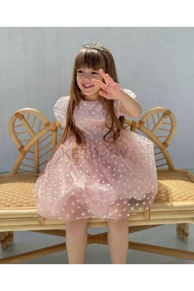 Детское платье для девочек с коротким рукавом Tiny Daisy Patterned Ketbaby, Powder — фото 2