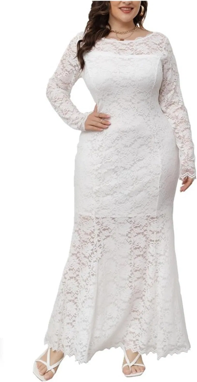 Женское кружевное макси-платье с длинным рукавом, White