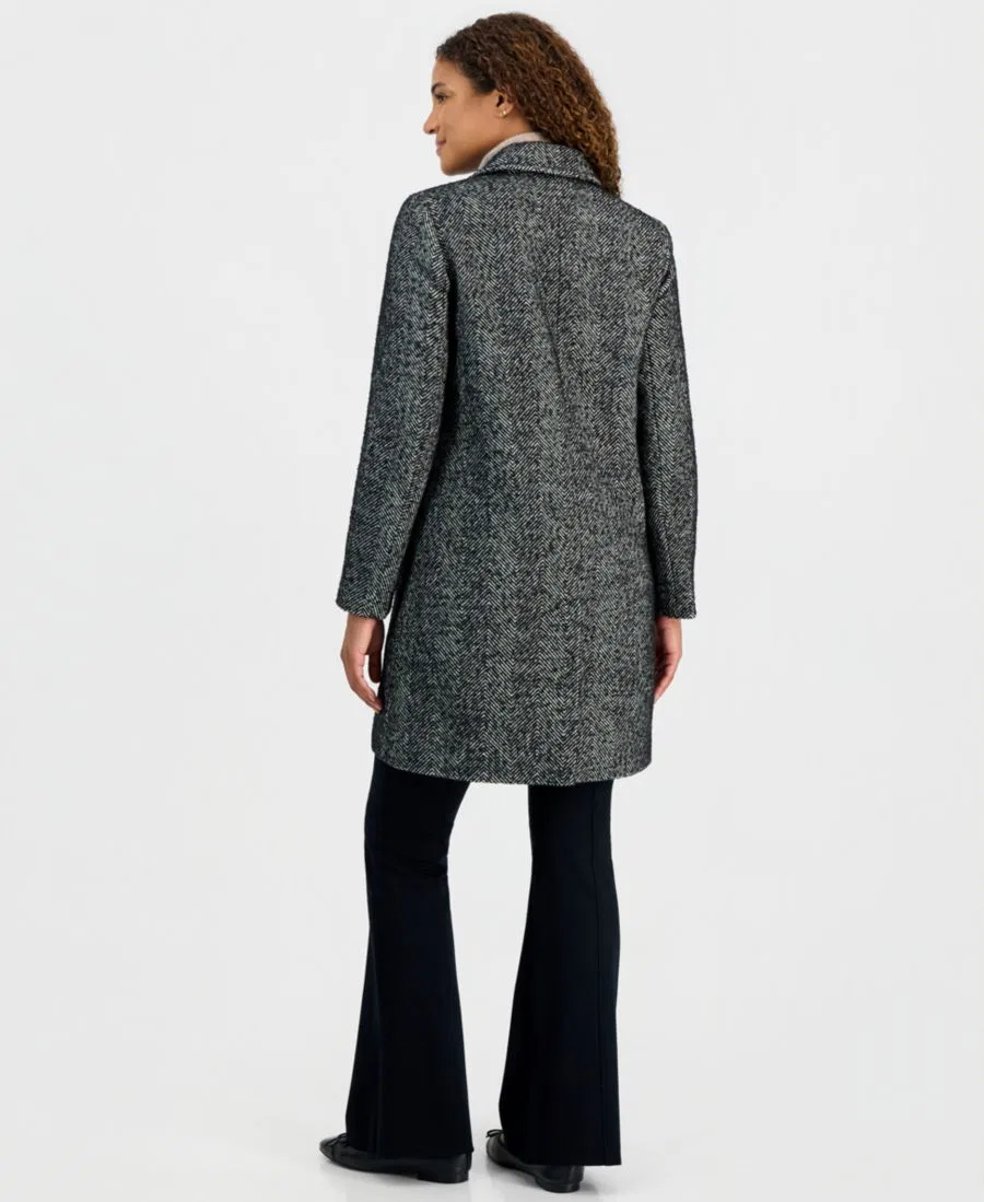 Пальто-кокон однобортное с принтом в елочку Calvin Klein, Black White Herringbone — фото 2
