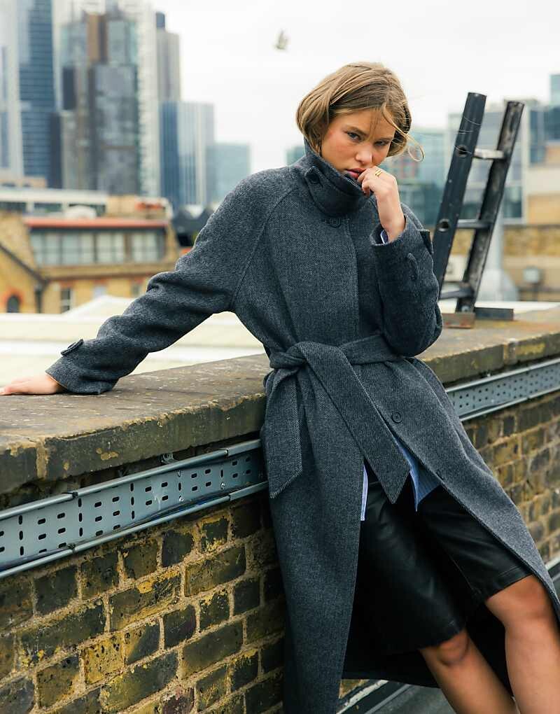 

Topshop – Серое пальто из твила с декоративным воротником