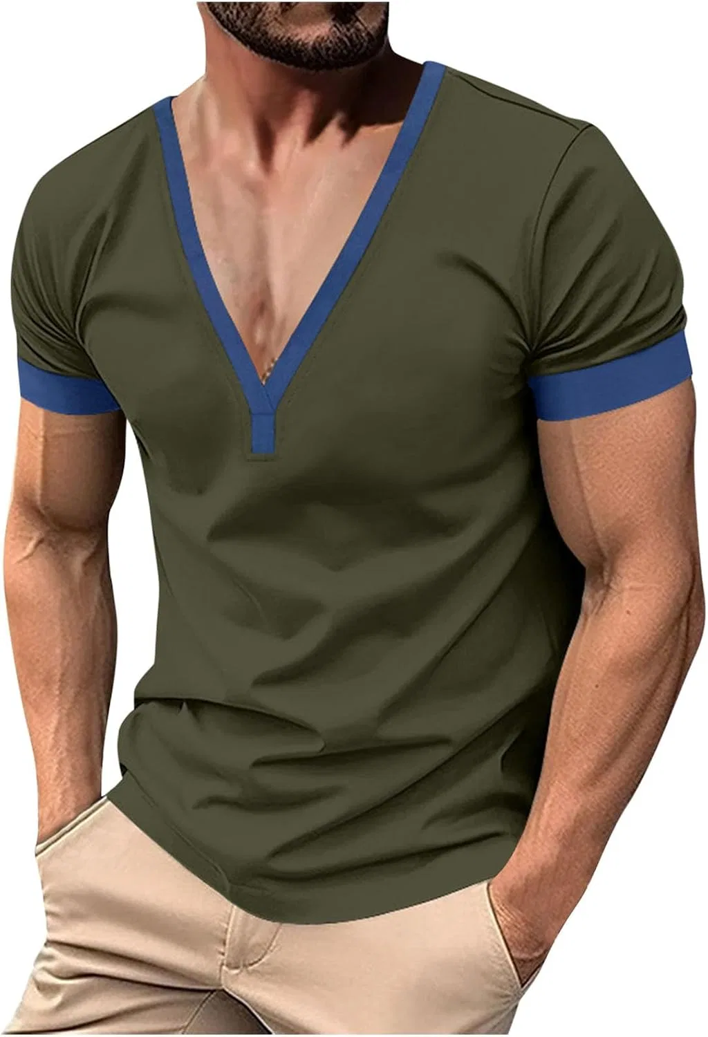 Мужская футболка с V-образным вырезом Henley, Army Green