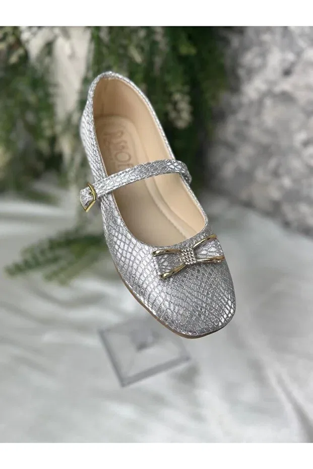 Детские балетки для девочек с бантом, Shoes, Silver — фото 3